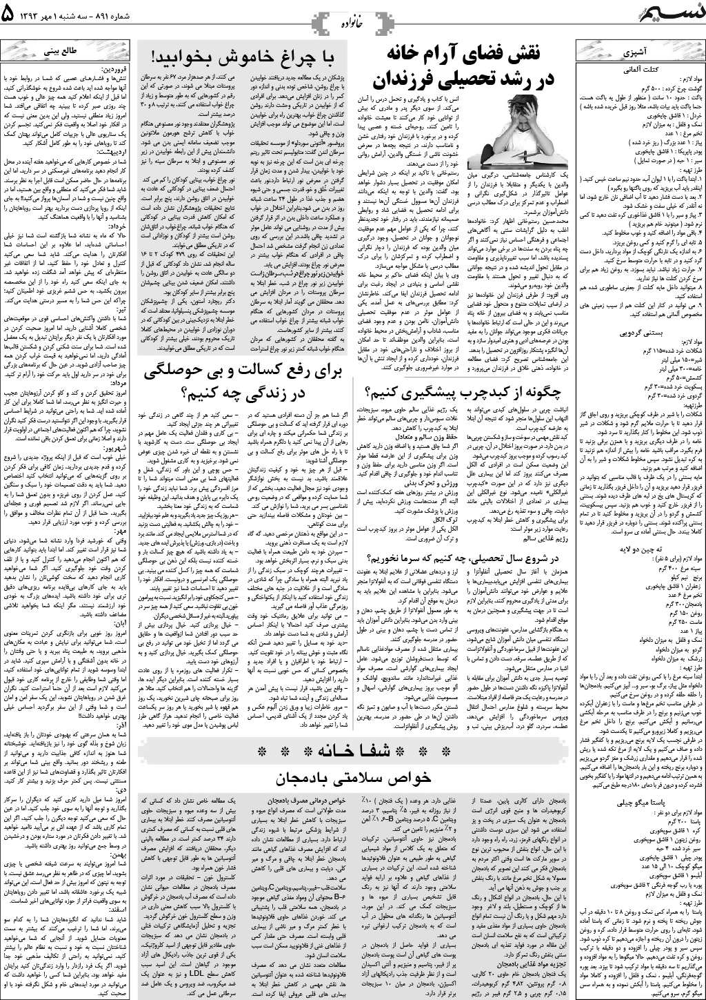 صفحه خانواده روزنامه نسیم شماره 891